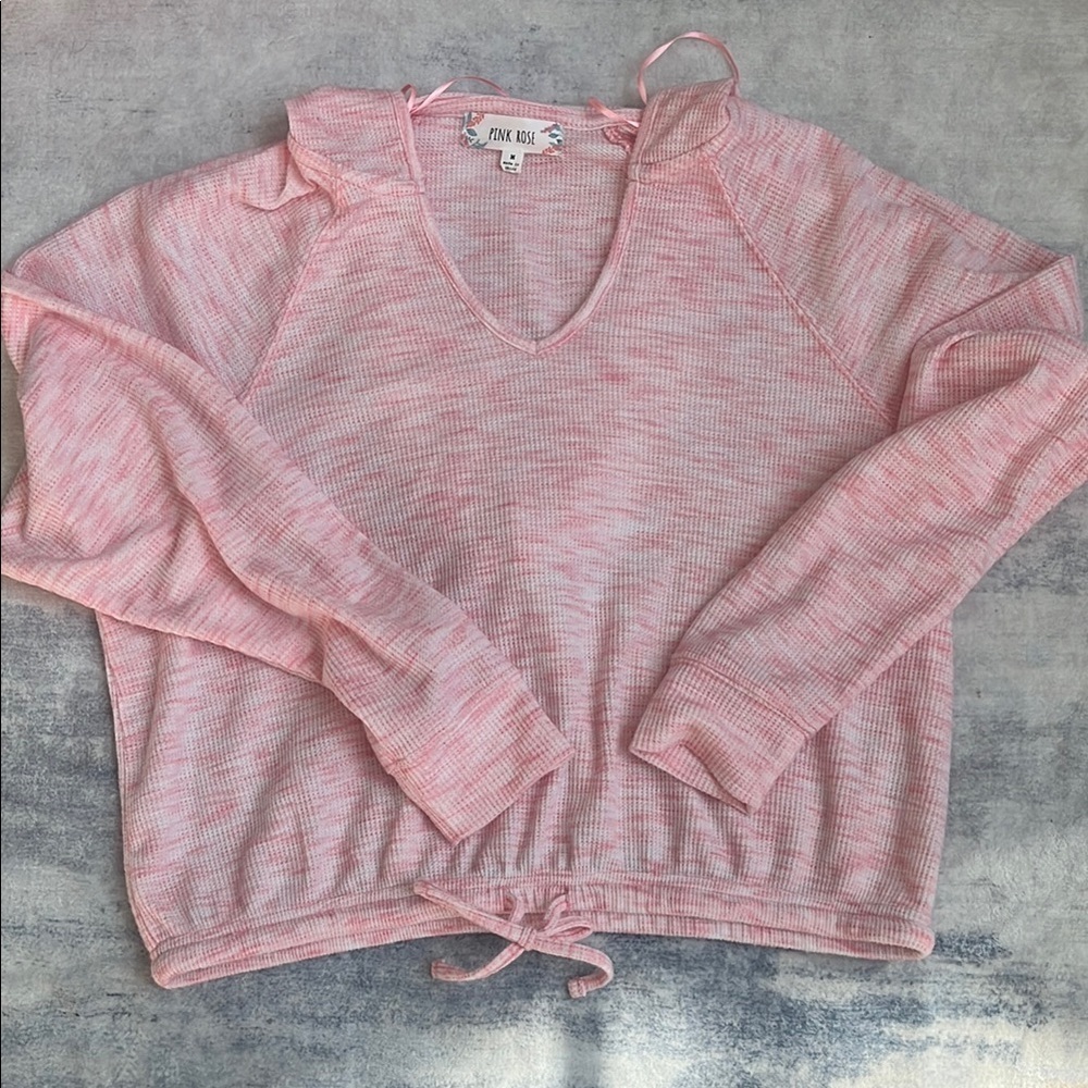(220)Pink Rose Orange Long Sleeve Tie Front Hoodie